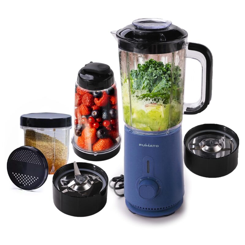 FUMATO 800W Nutri Blender- 3 Jars, 2 Stainless Steel Blades, 100% Pure Copper Motor, 2200 RPM, 2 Speed Modes, Pulse Function & 1 Year Warranty | Smoothie, Juices, Shakes, Purees & Grind Spices- Blue