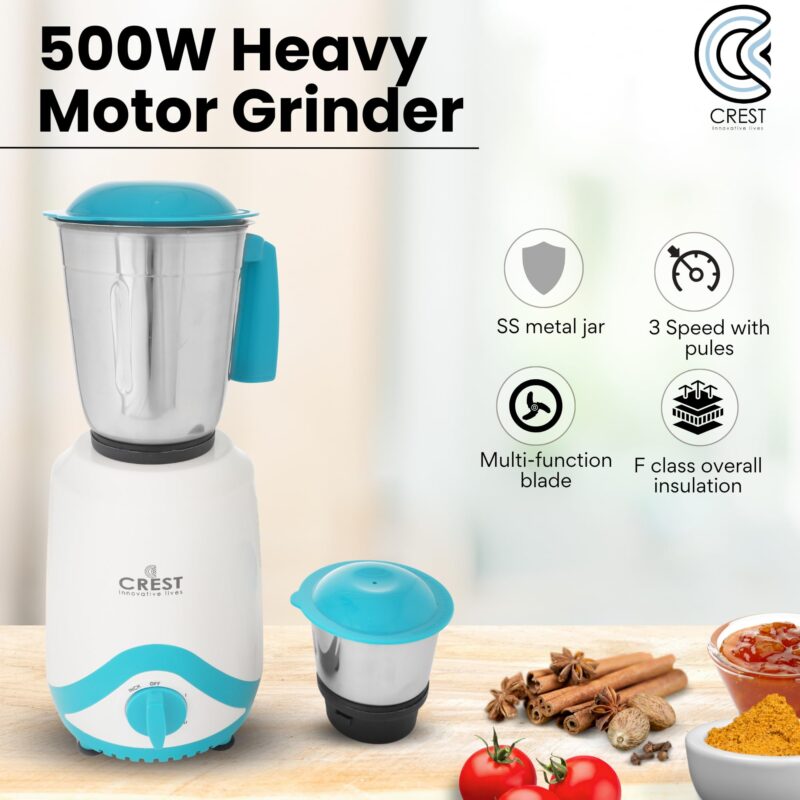 Crest Mixer Grinder for Kitchen - 2 Jars 500 Watt - Mixie with Mini Jar for Chutney & Liquidizing Jar used as Wet Grinder & Blender for Milkshake, Smoothie, Puree -Stainless Steel Blades - Image 9