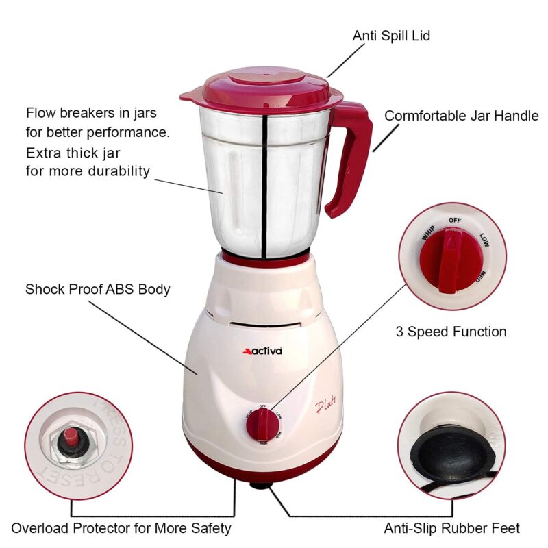 ACTIVA Plastic Pluto Pro Mixer Grinder, 500W, 3 Jars (White) 2 Year Warranty (Ivory Maroon), 500 Watts - Image 11