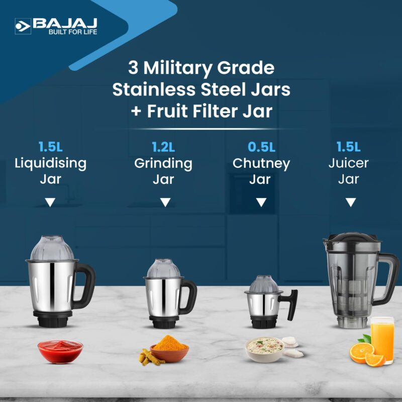 Bajaj Military Series Glamore 4 Jar 1000 Watts Mixer Grinder | 3-Speed Control With Pulse Effect Mixie| 2 Years Warranty | Jet Black - Image 3