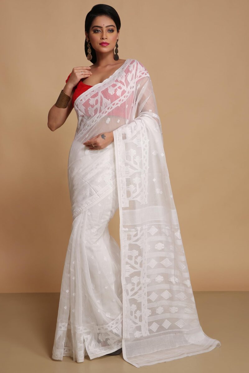 BENGAL HANDLOOM Women's Cotton Silk Dhakai Exclusive Softs Dual Color Jamdani Sarees (White White) - Image 6