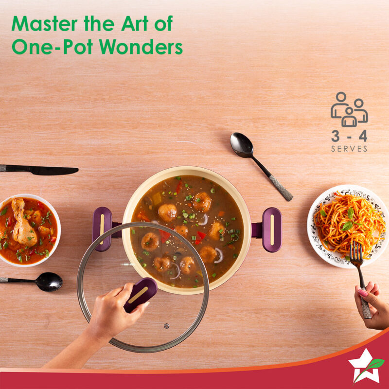 Bellagio Kadhai with Lid | Non-Stick Ceramic Coating | Non-Toxic | Pure Aluminium | PFAS and PFOA Free | 3mm Thickness | Two-Tone Soft-Touch Handles and Knob | Firm Grip | 2 Years Warranty - Image 6