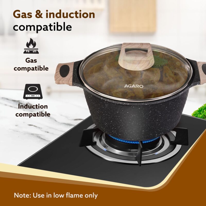AGARO Imperial Granite Non Stick Cookware Set, 4pcs Cookware Set, 24cm Fry Pan & Casserole with Lid, 16cm Sauce pan with Lid, 28cm Deep Fry Pan with Lid, Cast Aluminium, Gas & Induction Compatible. - Image 5