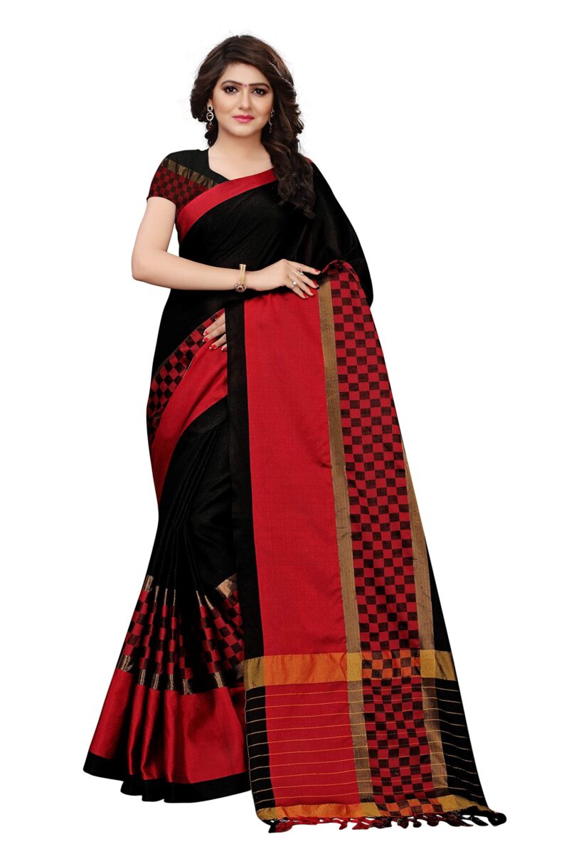 GoSriKi Women's Black Color Cotton Silk Blend Zari Work Saree Border Tassels With Blouse Piece (BOX-ARPAN-BLACK_Free Size)