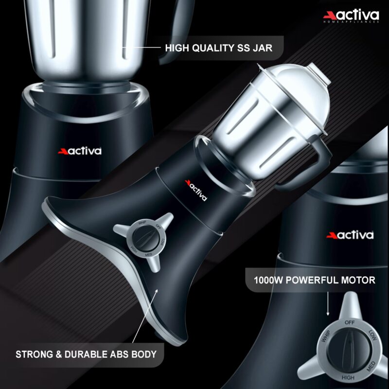 ACTIVA ABS Super Chef 900 Watts Powerful Motor Mixer Grinder With 4 Jars | 2 Years Motor, Black - Image 6