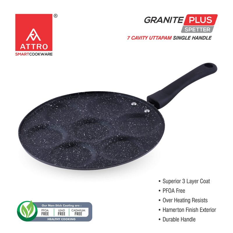 Attro Non Stick Heavy Duty 7 Cavity Single Handle Uttapam Tawa, Spatter Finish, Black - Image 6