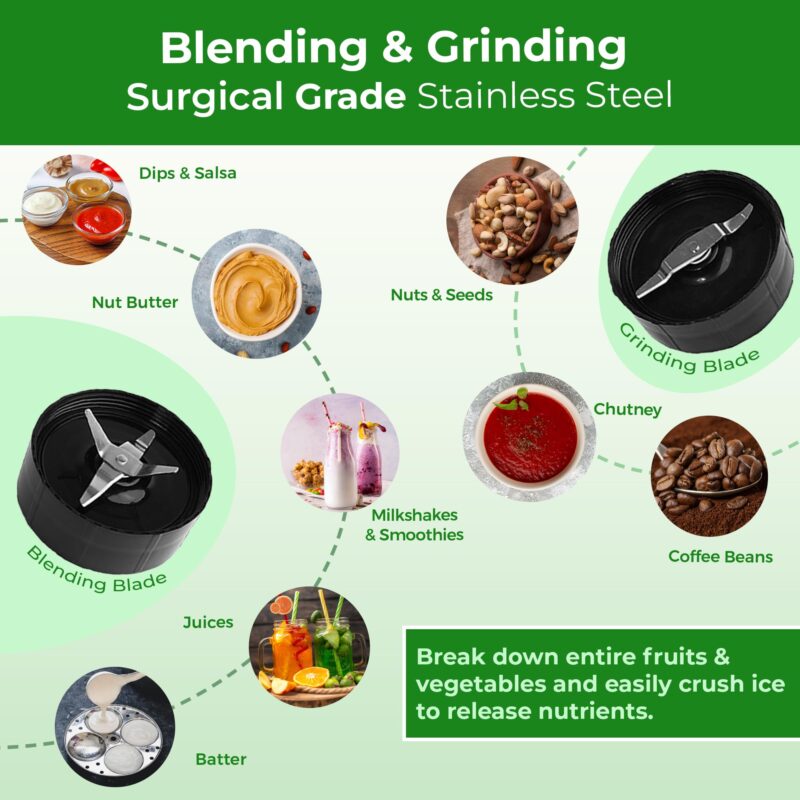 Balzano Bullet Mixer Grinder 500W, 5 Years Motor Warranty, 3 Jars, 2 Blades, 2 Lids, Italian Premium Brand, Pulse Function, Blender for Smoothies and Juices/Smoothie Maker - Image 3