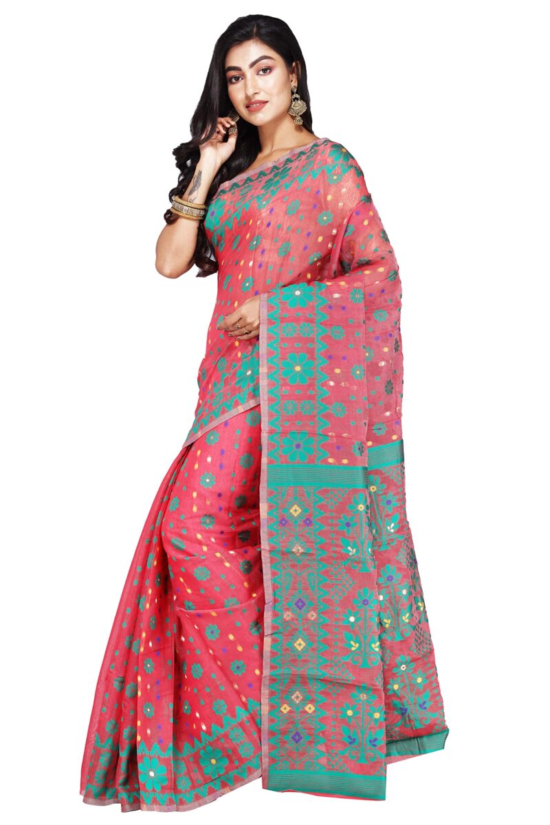 CRAFTONI Small Flower Butik Design Women Dhakai Jamdani Soft Cotton Silk Saree - Image 3