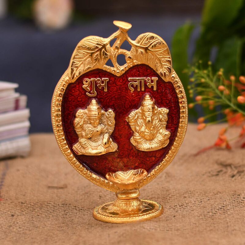 Collectible India Laxmi Ganesha Diya Idol Statue- Brass Gold Finish Diya Oil Lamp Ganesh Lakshmi Showpiece Shubh Labh Home Office Decor Pujan Puja Diwali Decoration (Golden) - Image 3