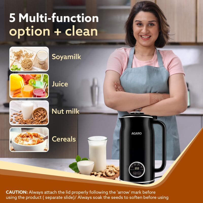 AGARO Regency Automatic Nut Milk Maker, Vegan Milk Machine, Make Vegan Milk From Nuts, Almonds, Soya, Oats etc, Boil Water, Juice, Cereals, Stainless Steel Body, 600ml, Black - Image 6
