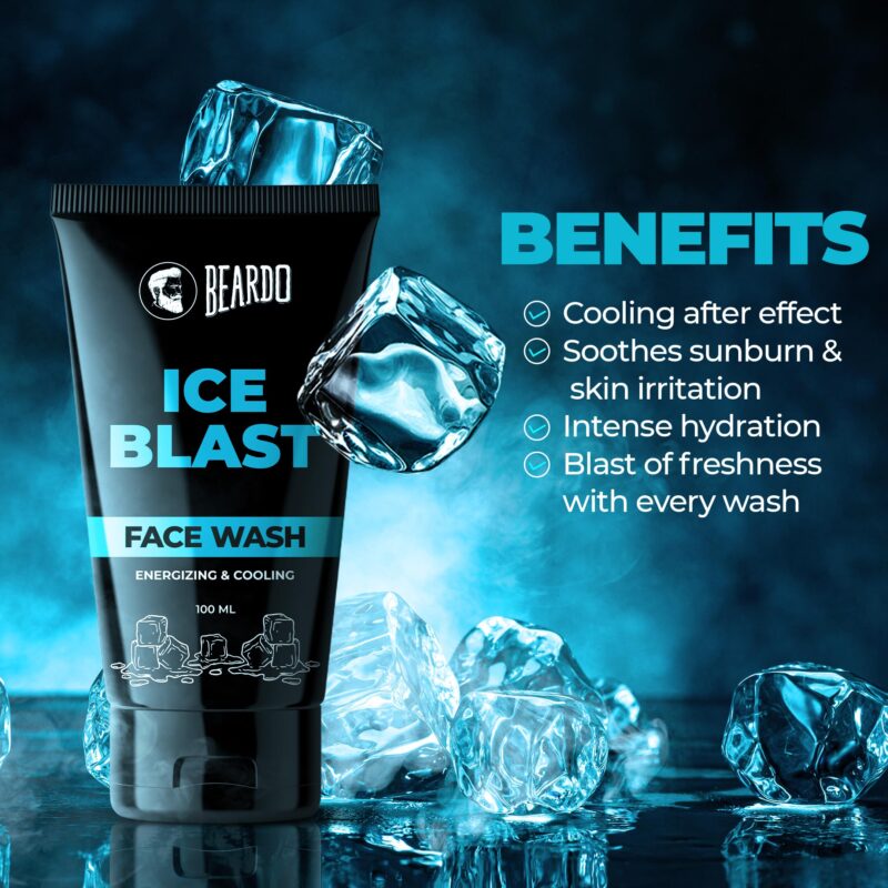 BEARDO Ice Blast Cooling Facewash for Men, 100 ml | INSTANT Icy freshness | Aloe Vera Face wash, Vitamin E & Menthol for cool lock technology | Refreshing & Hydrating facewash - Image 8
