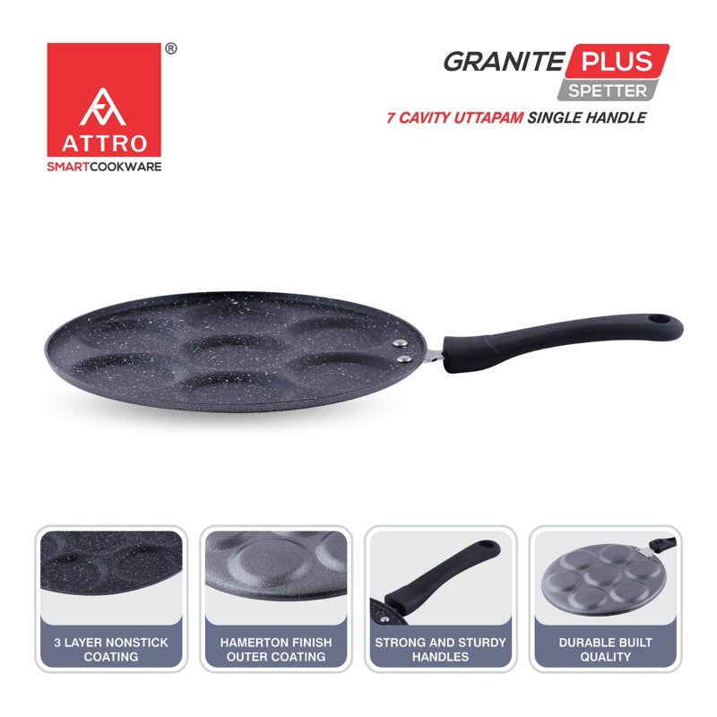 Attro Non Stick Heavy Duty 7 Cavity Single Handle Uttapam Tawa, Spatter Finish, Black - Image 4