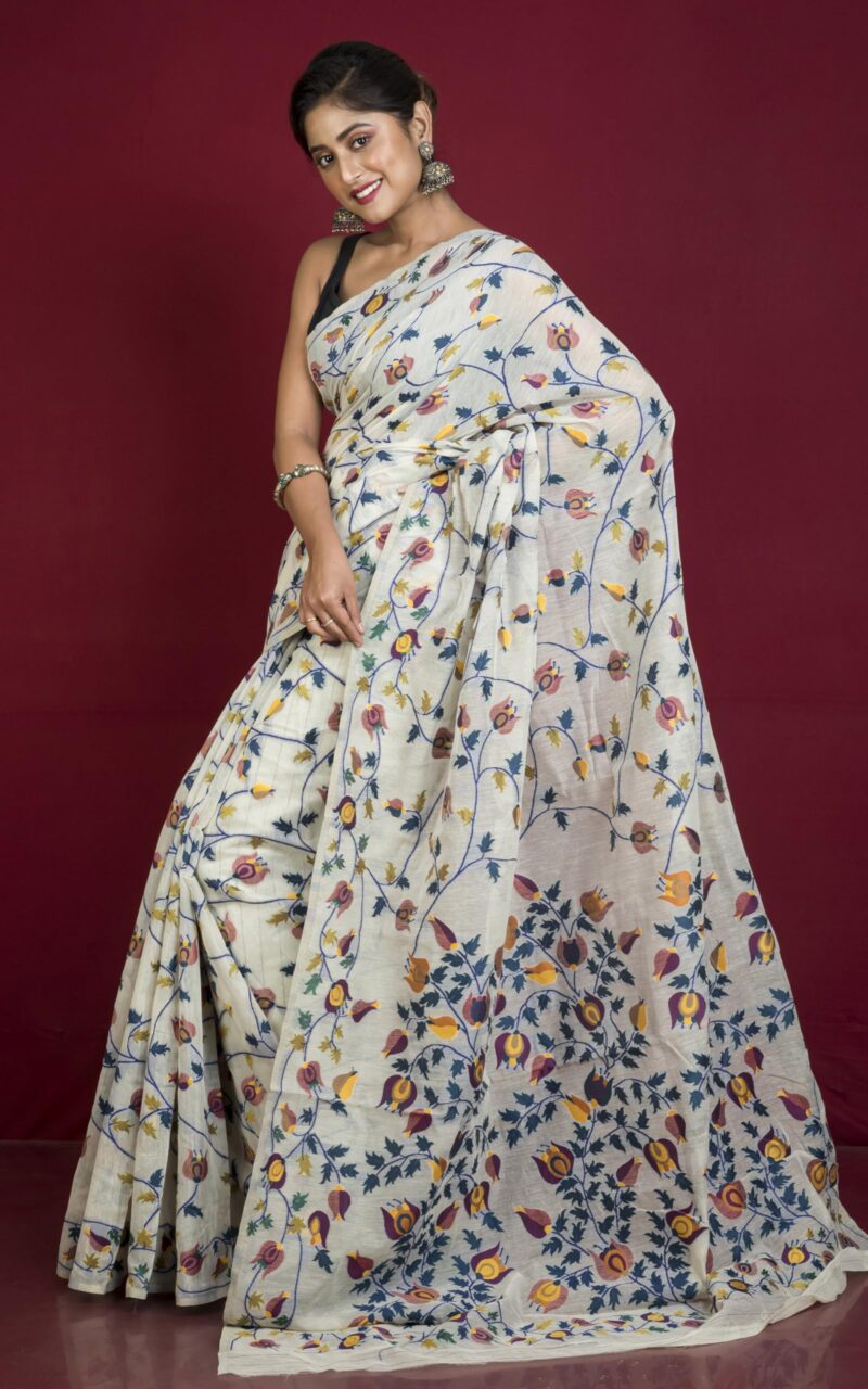 BENGAL LOOMS INDIA Tantuja Inspired Traditional Karat Nakshi Work Soft Jamdani Saree Women Rich Texture Smooth Finish Sari Indian Tradition Saree in Stone Beige and Multicolored for Casual Formal Wear - Image 4