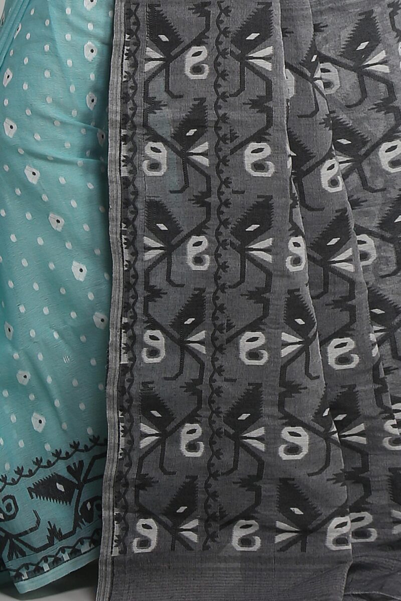 WoodenTant Women's Bengal Made Soft Dhakai Jamdani Saree Without Blouse Piece. (Beige & Green, Cotton) - Image 4