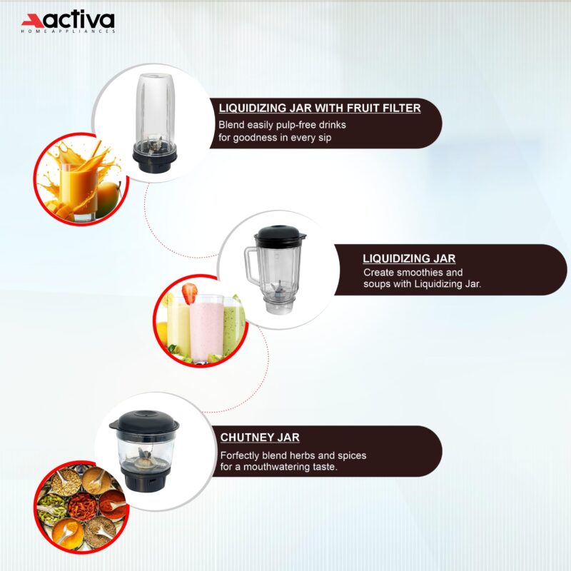 ACTIVA Easy Mix Nutri 2 Jar Mixer Grinder Powerful 500 Watt Motor | Long Lasting Shock Proof Abs Body | Heavy Duty Motor With Nano - Grinding Technology, Black come with 2 year warranty - Image 2
