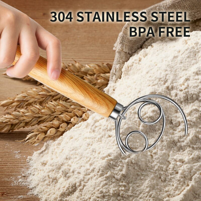 (More Efficient) TeeVea Danish Dough Whisk Stainless Steel Dutch Style Bread Dough Hand Mixer Blender Wooden Handle Kitchen Baking Tools Artisian Blender - Image 7