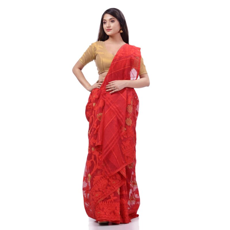 dB DESH BIDESH Women`s Rangabati Resham Dhakai Jamdani Bengal Pure Cotton Handloom Saree without Blouse Piece (Red)