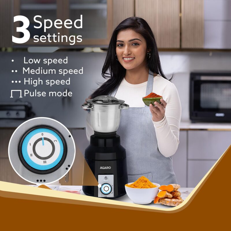 AGARO Grand Commercial Mixer Grinder 1400W, Heavy Duty, 100% Pure Copper Motor, Stainless Steel Jar, 3 Speed with Incher, Stainless Steel Blades, Wet & Dry Grinding, Black & Grey - Image 4