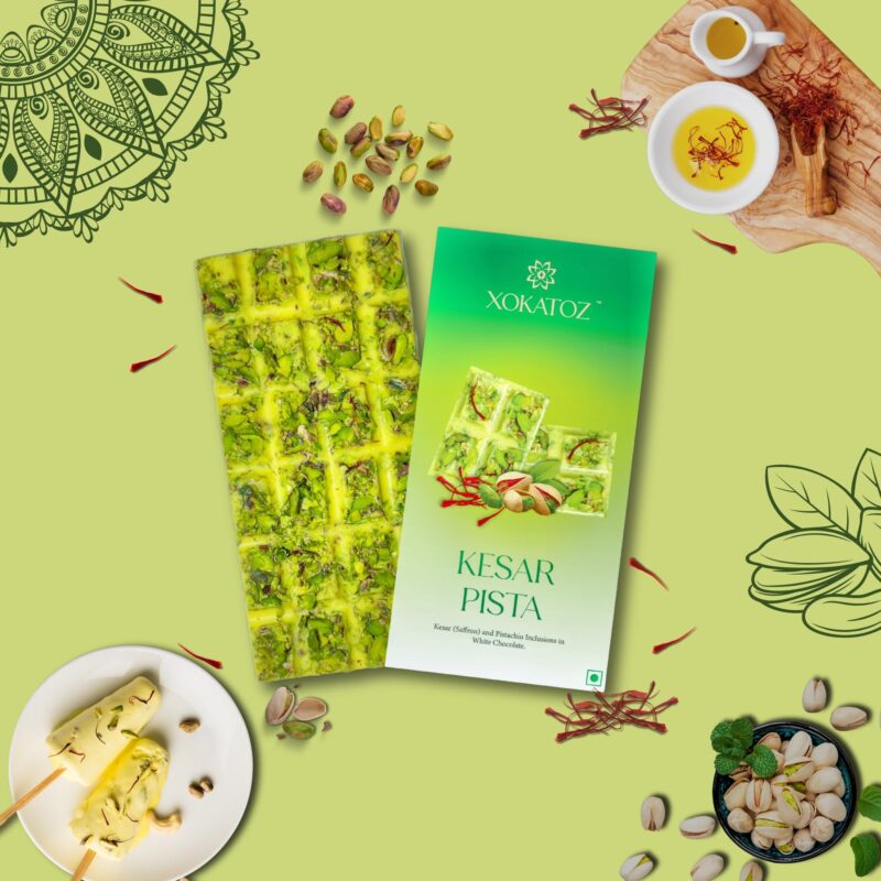 XOKATOZ Exotic Premium Chocolate - 1 Mixed Berries and 1 Kesar Pista Flavours - Flavoured White Chocolate Bars - Gift Set- Pack of 2, 150g (75g x 2) - Image 7