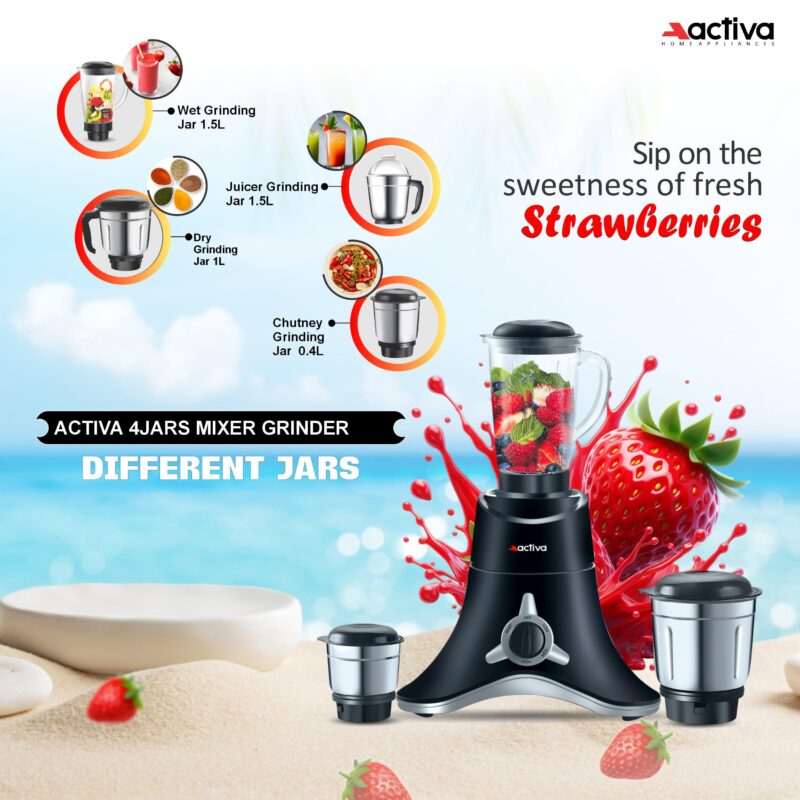 ACTIVA ABS Super Chef 900 Watts Powerful Motor Mixer Grinder With 4 Jars | 2 Years Motor, Black - Image 13