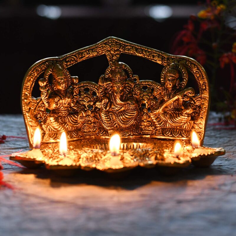 Collectible India Laxmi Ganesh Saraswati Idol Diya Oil Lamp Deepak - Metal Lakshmi Ganesha Showpiece Statue - Traditional Diya for Diwali Puja - Diwali Home Decoration Items Gifts (1) (1) - Image 3
