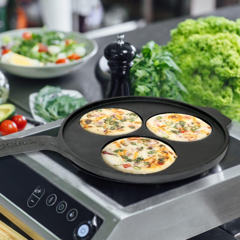 KNOBON Cast Iron Uttapam Tawa | 3 Pit, 26Cm Pancake Pan,Induction Friendly, Naturally Nonstick, 100% Pure & Toxin-Free Uttappam Tawa with Iron Handle| Black