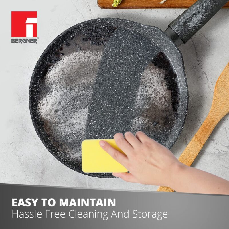 Bergner Orion NonStick 26 cm Tawa/ Dosa Pan, 100% Recyclable, For Low Oil Paratha/Dosa/Uttapam/Pancake/ Crepe/Eggs/Toasts, Textured Soft Touch Handle, Granite Finish, Induction & Gas ready, 1-Year Warranty - Image 5