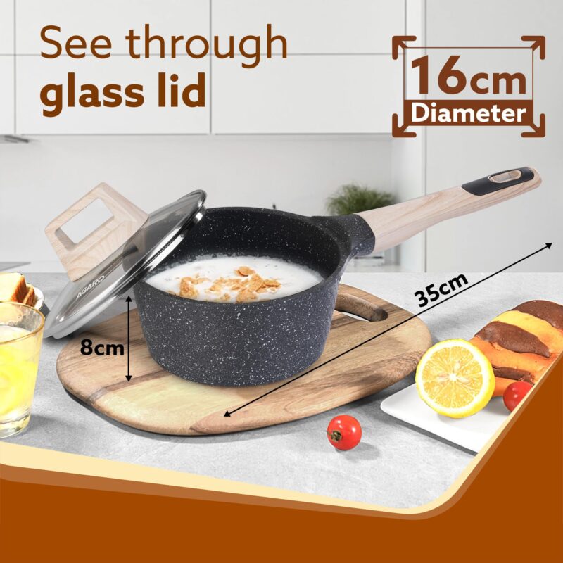 AGARO Imperial Granite Non Stick Sauce pan with Glass Lid, 1.5L / 16cm, Cast Aluminium Body, Tea Pan, Milk Pan, Soup Pan, Gas & Induction Compatible, Dark Grey. - Image 3