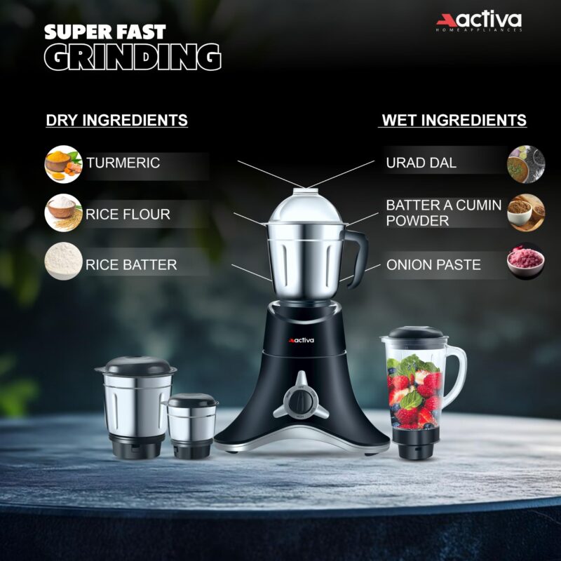 ACTIVA ABS Super Chef 900 Watts Powerful Motor Mixer Grinder With 4 Jars | 2 Years Motor, Black - Image 4