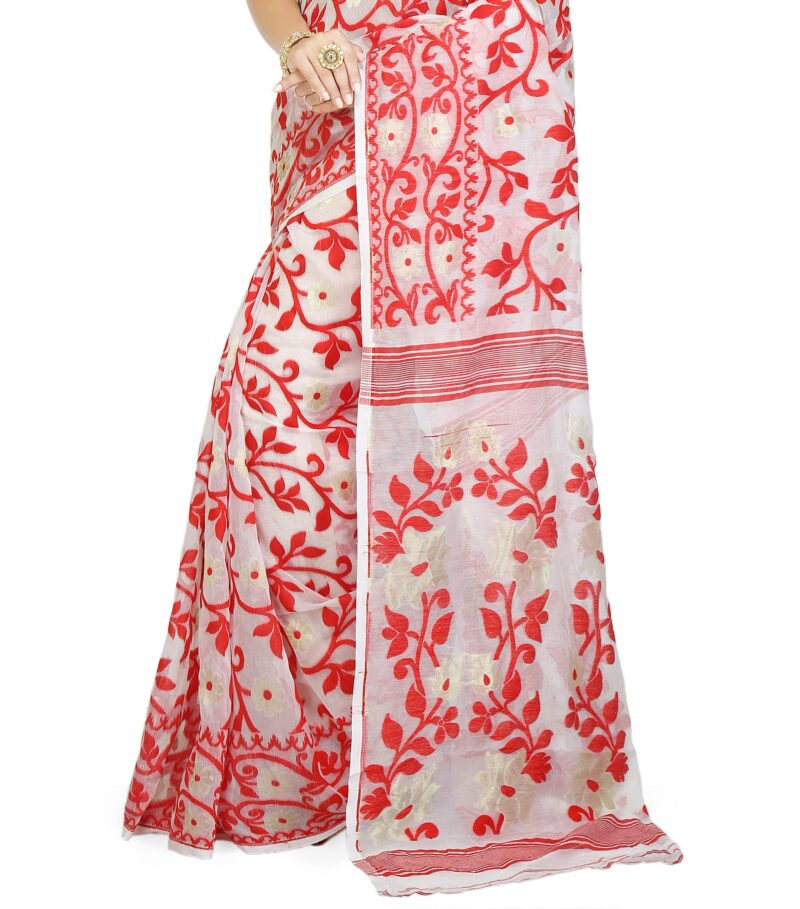 BENGAL HANDLOOM Exclusive Women's Cotton Silk Dhakai Allover Soft Jamdani Sarees (White & Red) - Image 2