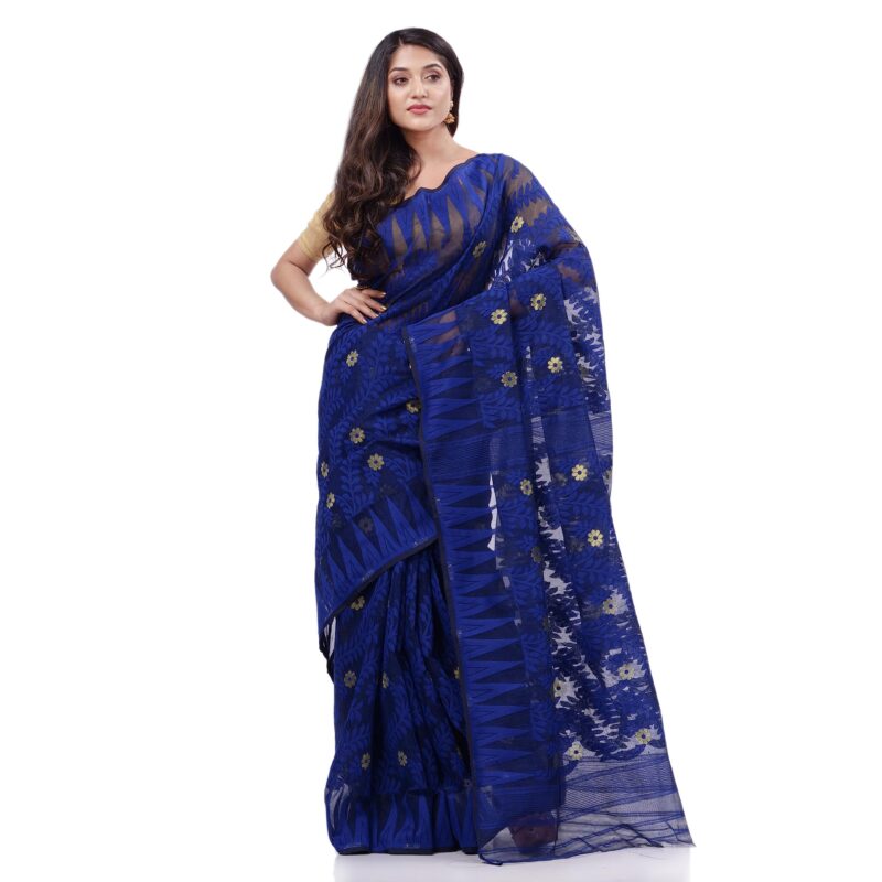 dB DESH BIDESH Women`s Tamarind Leaf Resham Dhakai Jamdani Pure Cotton Handloom Saree without Blouse Piece (Deep Blue)
