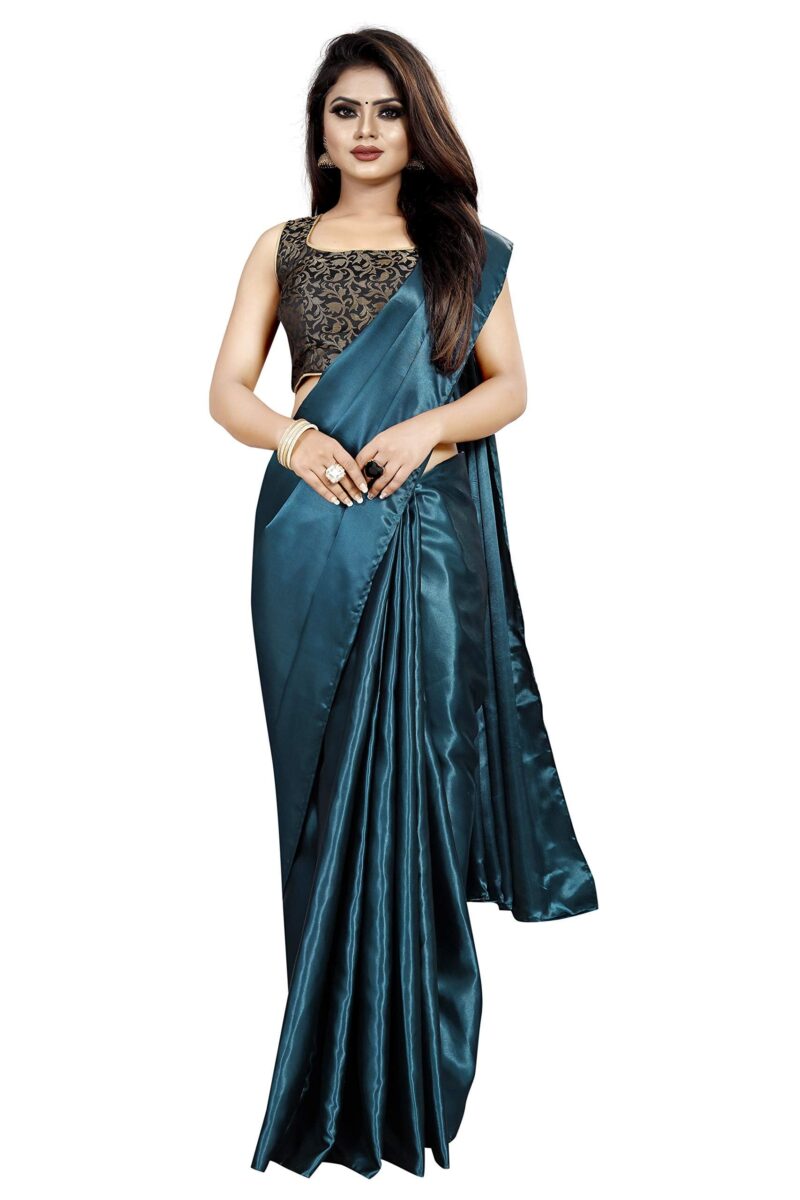 Market Magic World Women's Satin Saree With Blouse Piece (Jst-Silk_Peacock_Free Size_Dark Green)