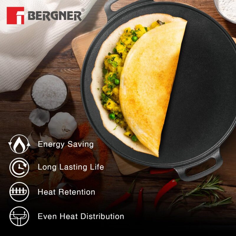 Bergner Eco Cast Iron 30cm Dosa Tawa, Pre-Seasoned, Large Loha Tawa for Dosa, Even Heat Distributor, Retains Heat to Enhance Flavor, Comes with Silicone Sleeve - Induction Base and Gas Stove Ready - Image 5