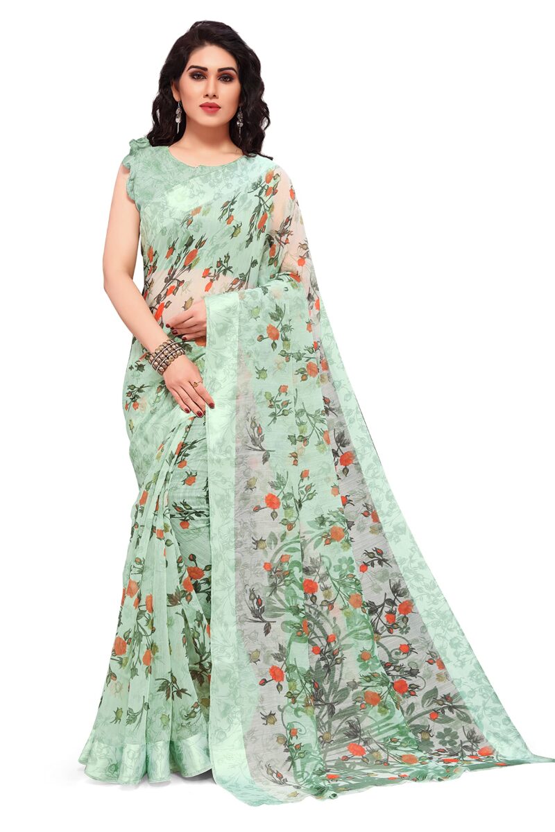 MIRCHI FASHION Sourbh Women's Fancy Cotton Blend Tropical Floral Printed Saree with Blouse Piece (20462-Seafom Green)