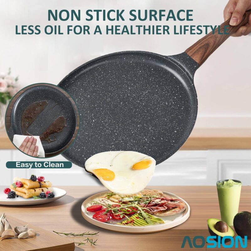 AOSION 11 inch Crepe Pan Nonstick Dosa Tawa Pan,Ceramic Coating Skillet Pan,Tortilla Pan for Pancake Omelette Steak Frying Egg with Ergonmic Handle,For All Stoves - Image 4