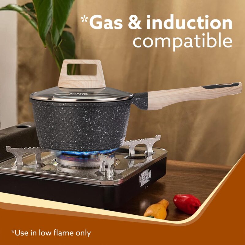 AGARO Imperial Granite Non Stick Sauce pan with Glass Lid, 1.5L / 16cm, Cast Aluminium Body, Tea Pan, Milk Pan, Soup Pan, Gas & Induction Compatible, Dark Grey. - Image 4