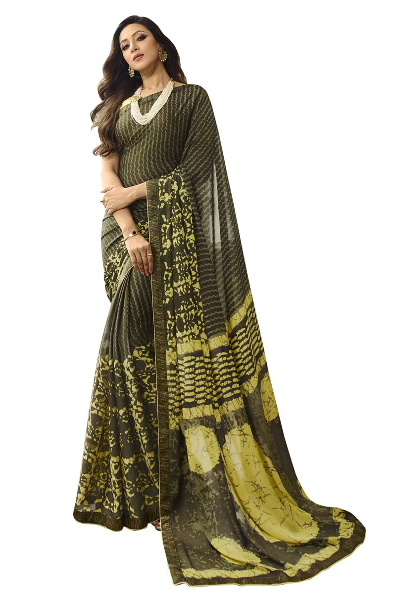 RAJESHWAR FASHION WITH RF Moss Silk Checks Printed Saree With Foil Print Lace Border & Blouse Piece(Mehindi-Green_Free Size 6.30 Mtr)