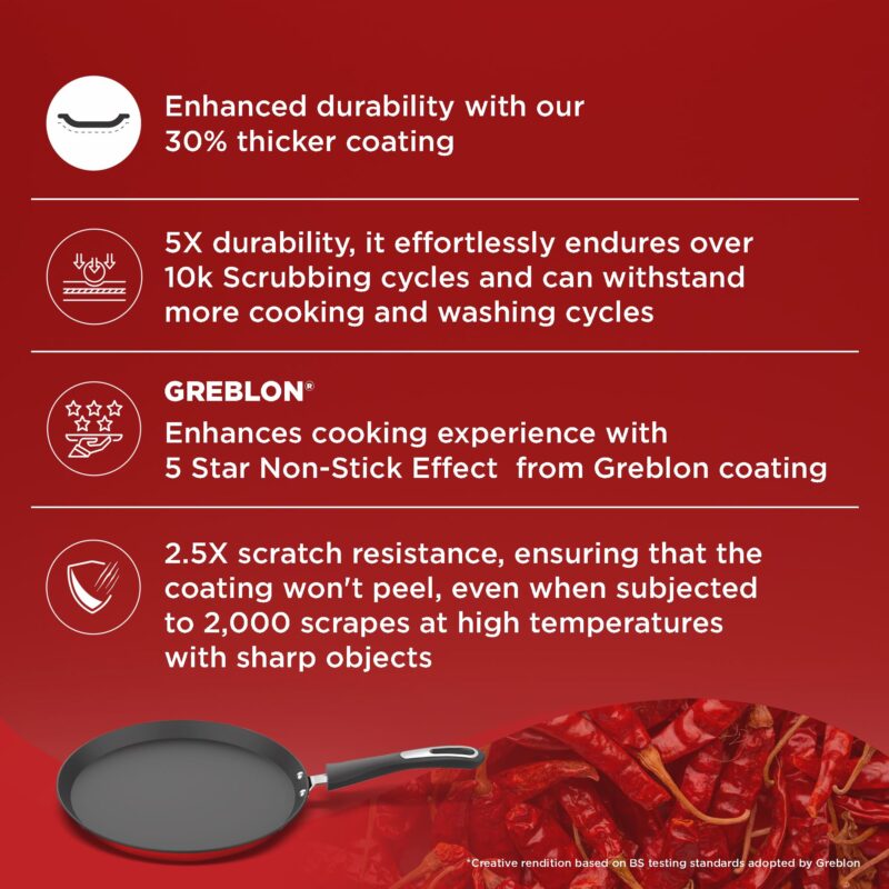 ‎Preethi Dura Collection Non Stick Tawa, 28 cm, Gas & Induction Compatible, 5 Star Non Stick Effect, Chilly Red - Image 5