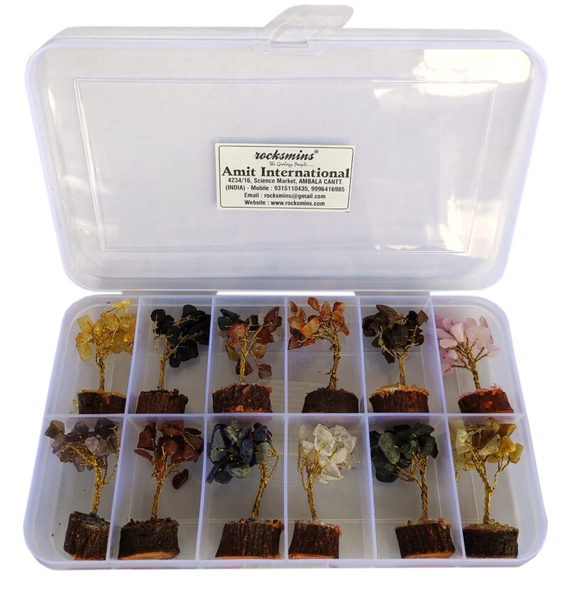 Rocksmins Baby Money Tree Set of 12 Natural Small Size Stone Mini Crystal Trees with Different Gemstones for Good Luck Office and Home Decore Wealth Vastu Prosperity Decoration Original Gemstone
