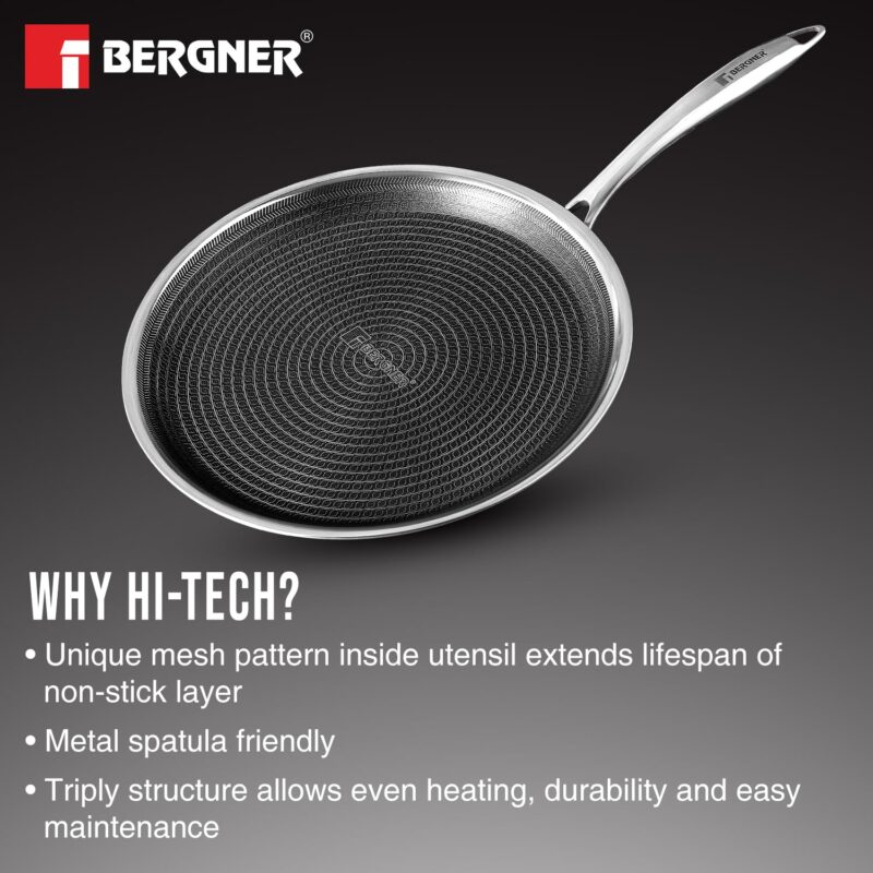 Bergner Hitech Triply Non-Stick 32 cm Dosa Tawa, Tawa for Dosas with Non-Stick Mesh Pattern, Rivetless Handle, Metal Spatula Friendly, Even Heat Distribution, Induction Bottom and Gas Stove Ready - Image 7