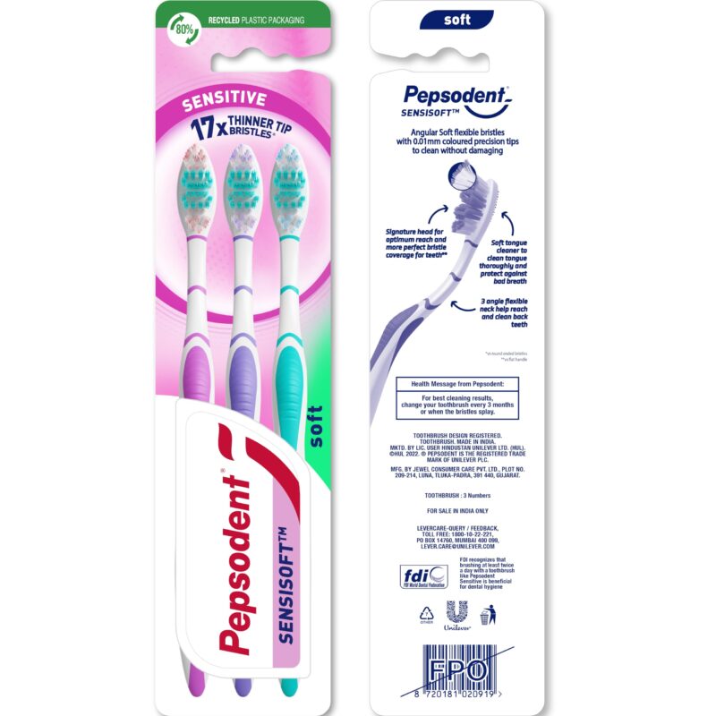 Pepsodent Sensisoft soft bristles manual toothbrush for adults - Pack of 3, Multicolor - for sensitive teeth and gums