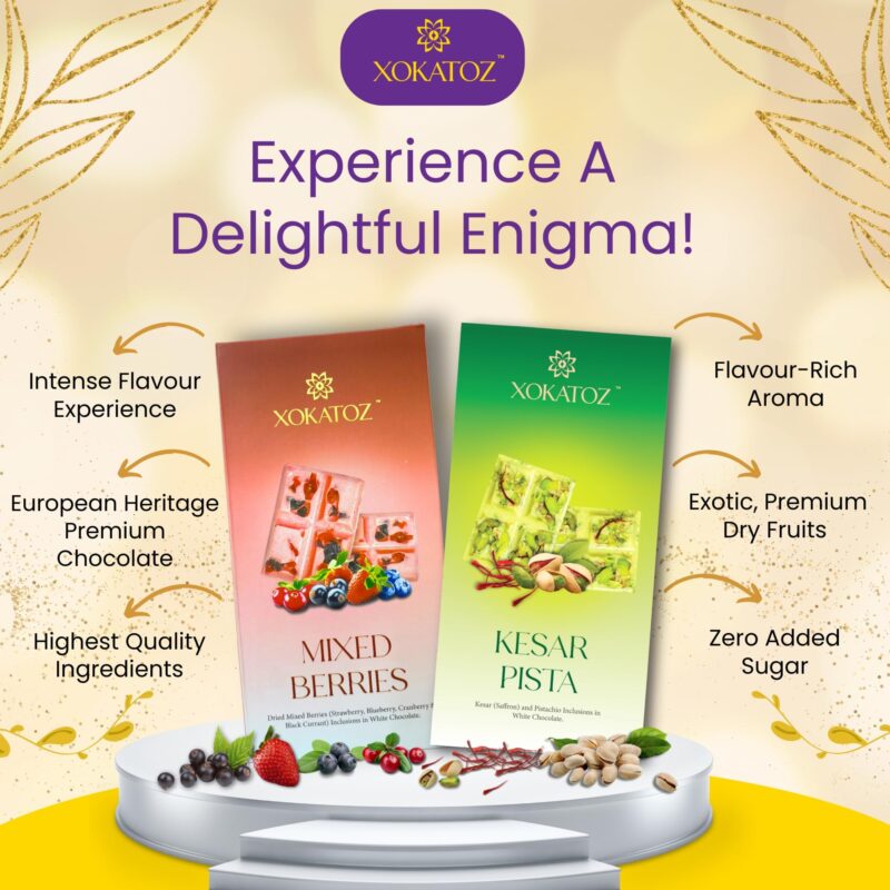 XOKATOZ Exotic Premium Chocolate - 1 Mixed Berries and 1 Kesar Pista Flavours - Flavoured White Chocolate Bars - Gift Set- Pack of 2, 150g (75g x 2) - Image 4