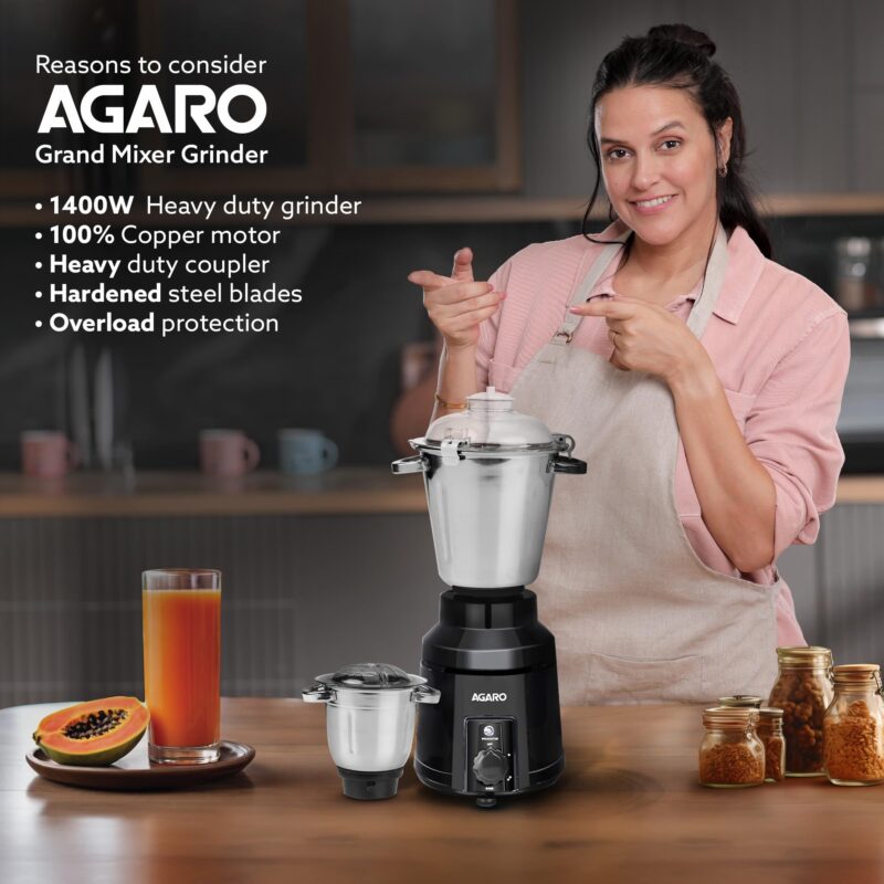 AGARO Grand Commercial Mixer Grinder 1400W, Heavy Duty, 100% Pure Copper Motor, Stainless Steel Jar, 3 Speed with Incher, Stainless Steel Blades, Wet & Dry Grinding, Black & Grey - Image 7
