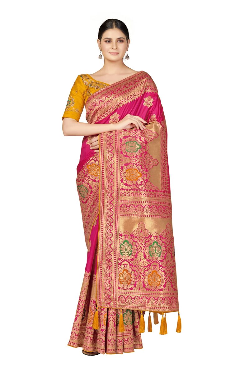 Monjolika Fashion Women's Woven Silk Saree With Blouse Piece (45560_Color_Rani Pink)