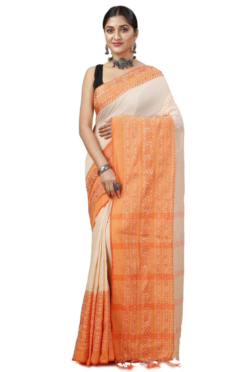 OISHANI SAREE GHOR Women's Traditional Bengal Begampuri Cotton Saree With Blouse Piece. (Muga Orange)
