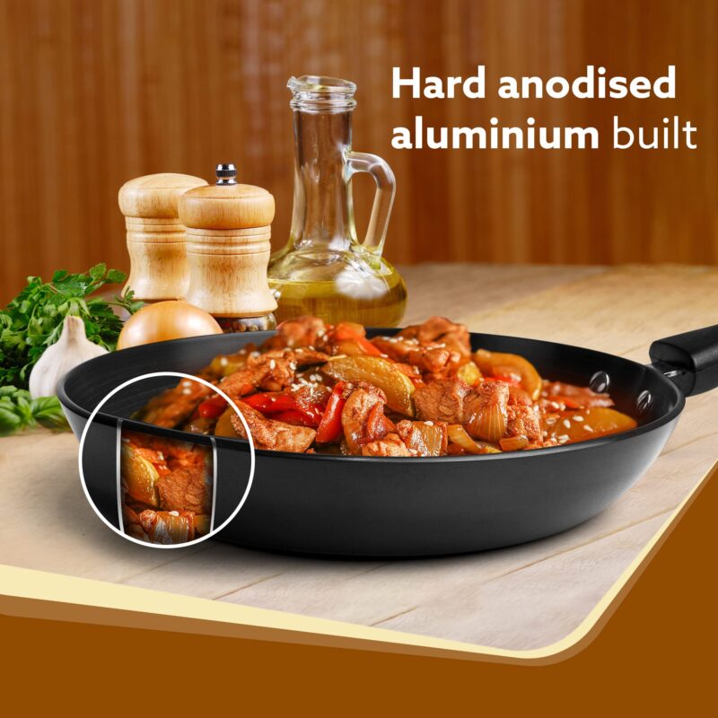 AGARO Elite Hard Anodised Tapper Frying Pan, 1.5L Capacity, 24 cm Diameter, Gas Oven Compatible, 3 mm Thick Plate, Riveted Handle, Frying, Cooking, Serving, Black - Image 5