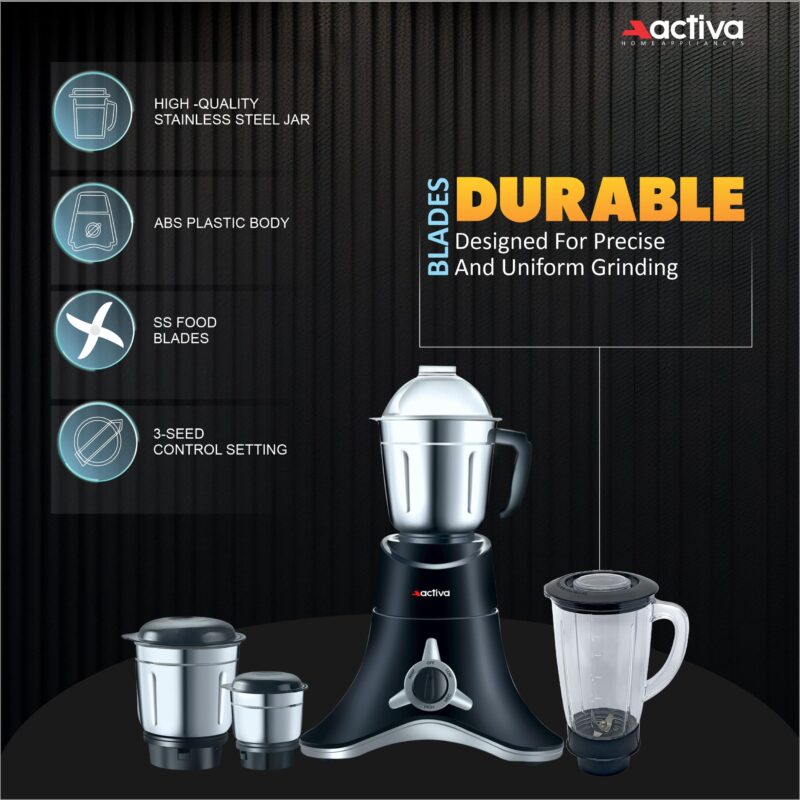 ACTIVA ABS Super Chef 900 Watts Powerful Motor Mixer Grinder With 4 Jars | 2 Years Motor, Black - Image 7
