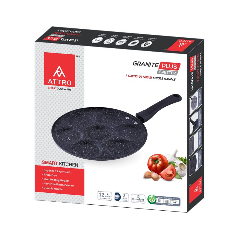 Attro Non Stick Heavy Duty 7 Cavity Single Handle Uttapam Tawa, Spatter Finish, Black - Image 2