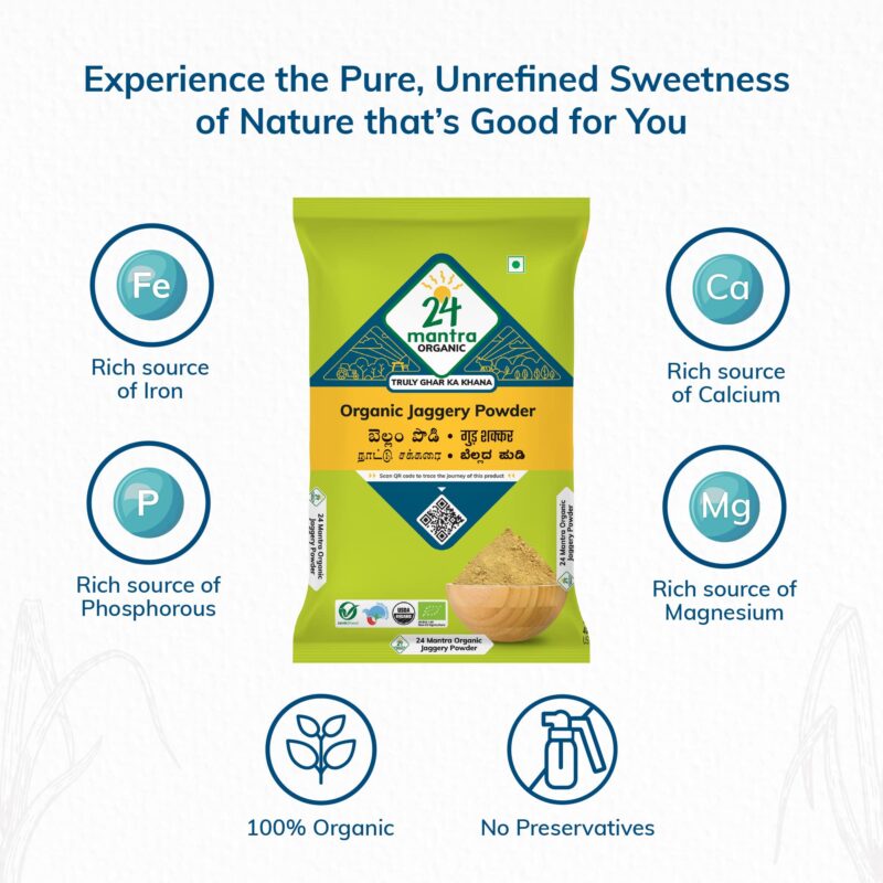 24 Mantra Organic Unbleached Jaggery Powder 500 gms, Healthy Sugar Substitute, Unrefined & Unadulterated | Certified Organic & Chemical Free - Image 4