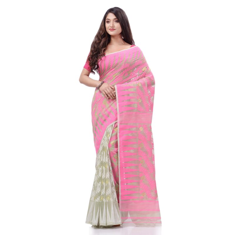 dB DESH BIDESH Women`s Tamarind Leaf Resham Dhakai Jamdani Pure Cotton Handloom Saree Whole Body Design without Blouse Piece (Pink Off White)
